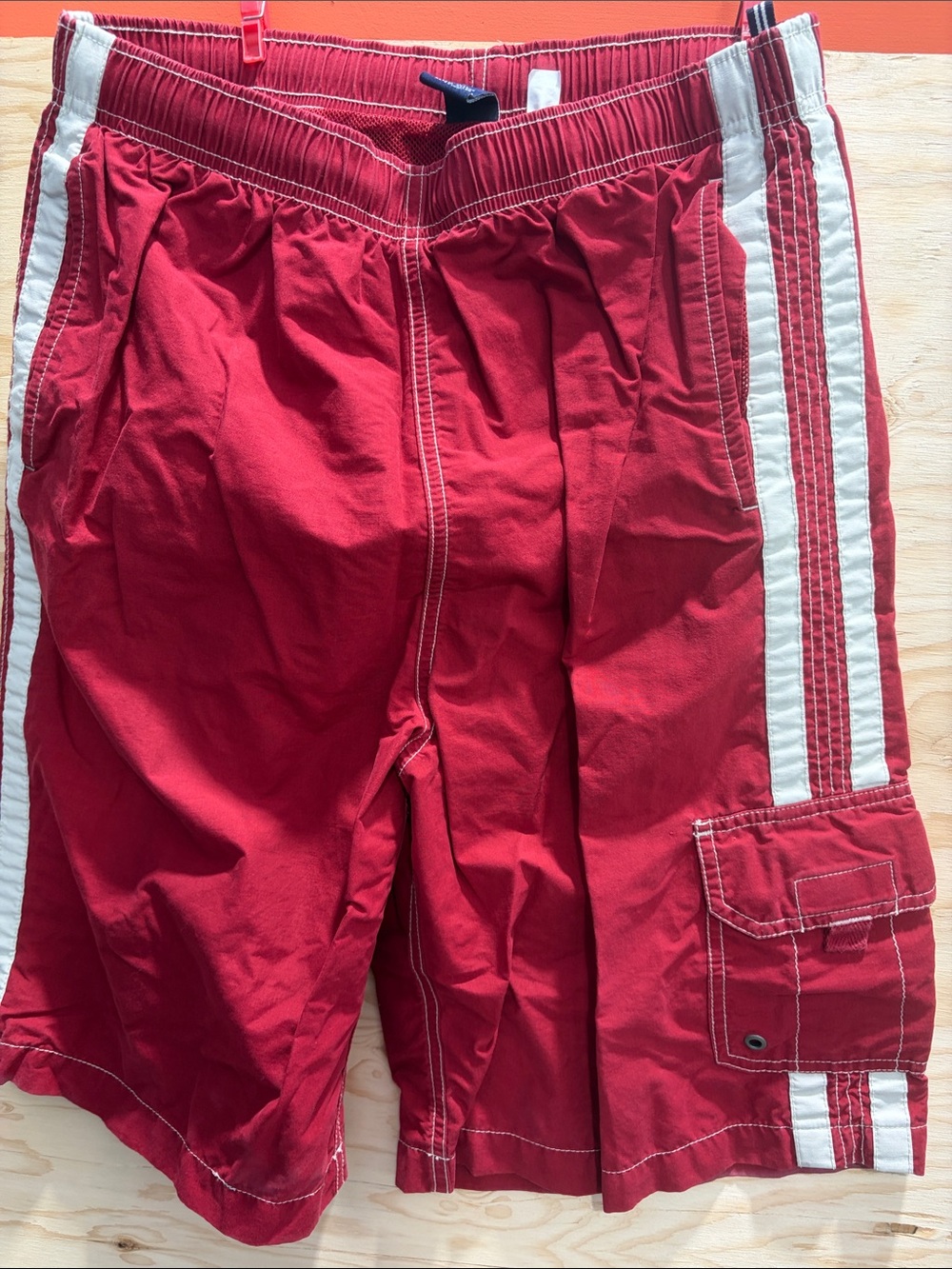 Red Swim Shorts with White Stripes